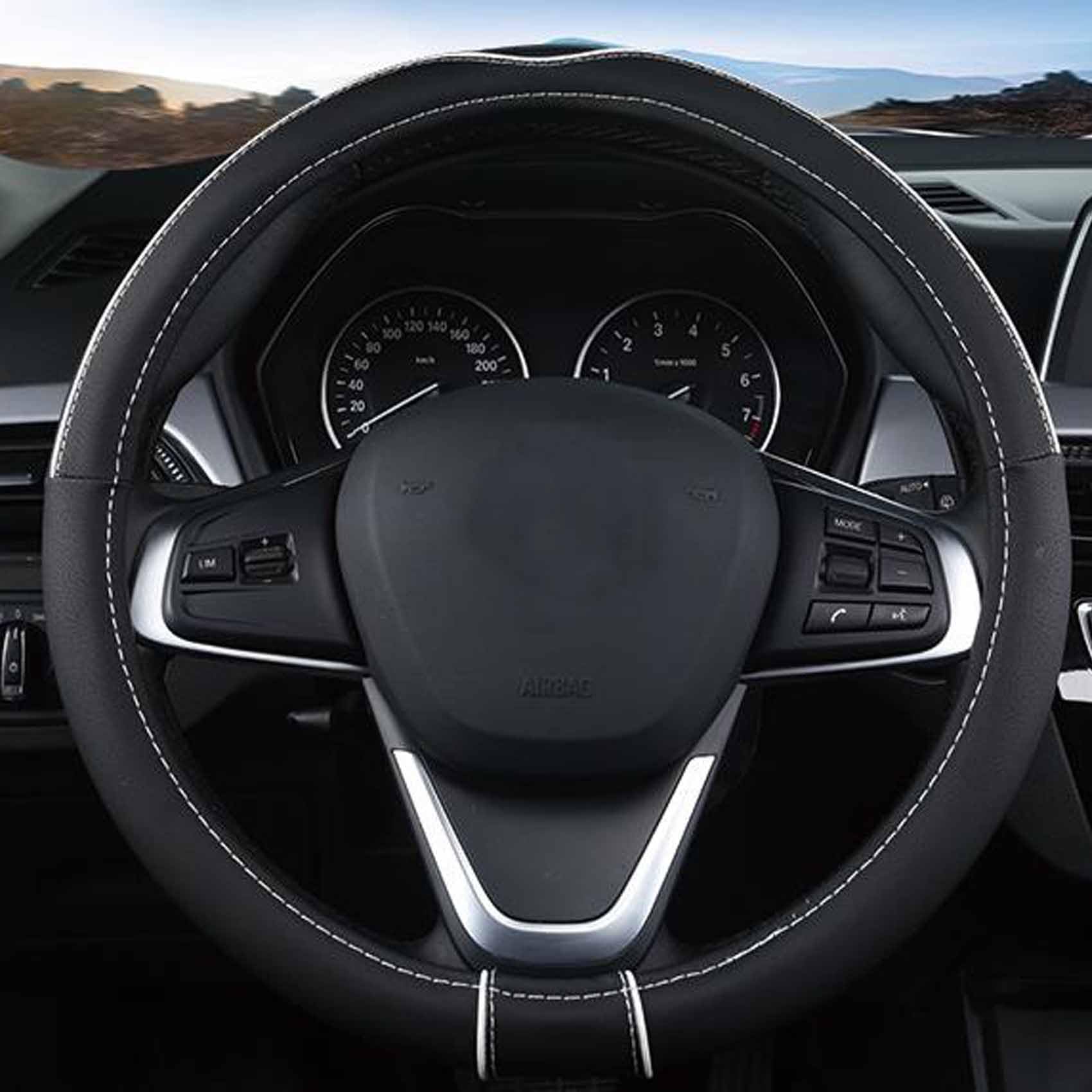 SHIAWASENA Auto Car Steering Wheel Cover, Universal 15 Inch Fit, Soft Leather, Breathable Anti Slip (Black&White)