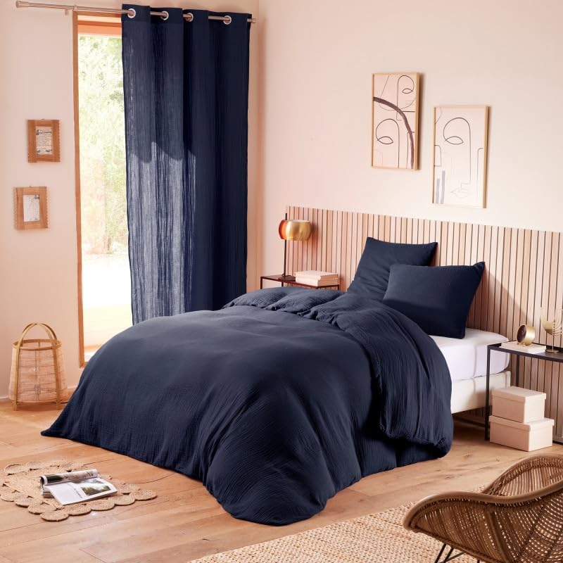Housse de Couette 240 x 220 cm en Gaze de Coton avec 2 Taies d'Oreiller Parure de Lit Bleu Marine