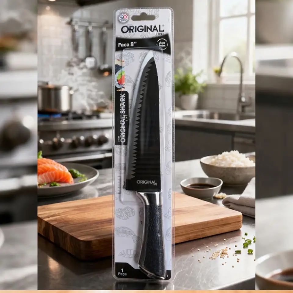 Faca Tubarão 8" Aço Inox para Corte de Sushi, Carne, Peixe e Legumes