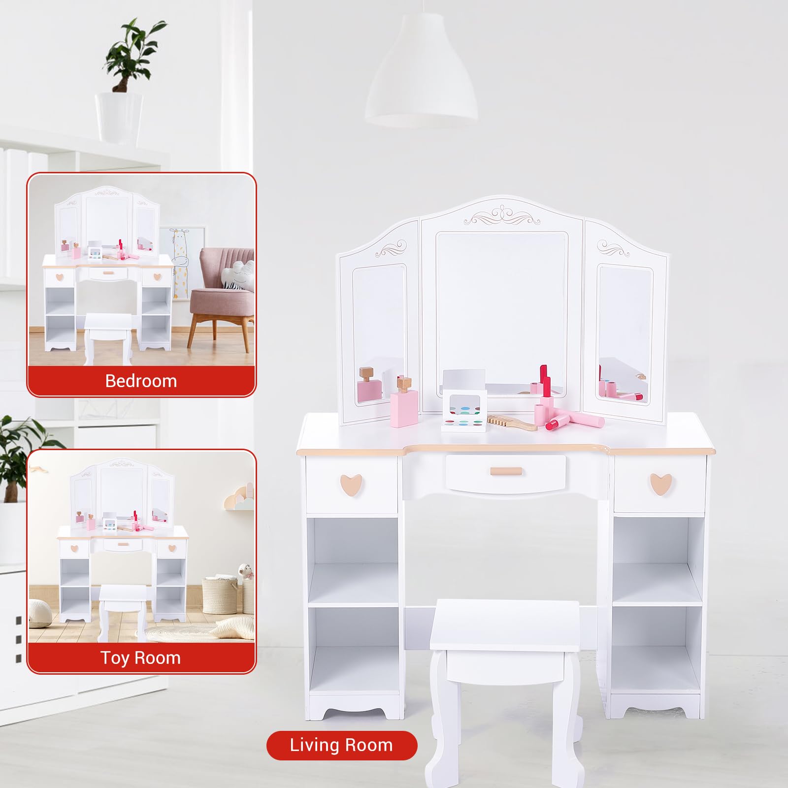Kinder Schminktisch Mit Hocker Und Tri-Fold Spiegel – Frisiertisch Aus Holz Mit 3 Schubladen & Aufbewahrungsfächern – Sicheres, Ungiftiges Design – Inkl. Schminkset – Perfekt Für Kinderzimmer