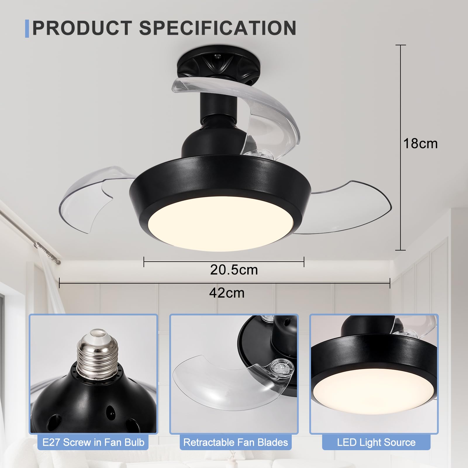 HARPER LIVING Ventilador de Techo Pequeño con Luz y Mando a Distancia, Lámpara con Ventilador de Rosca E27 y 3 Aspas Retráctiles, Bombilla LED de 30 W, 1400 lm, 3CCT, 3 Velocidades, Negro