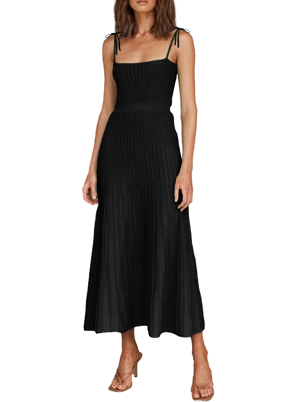 ARTFREE Womens Ribbed Knit Summer Maxi Dresses Tie Straps Square Neck Party Long Dress Black S