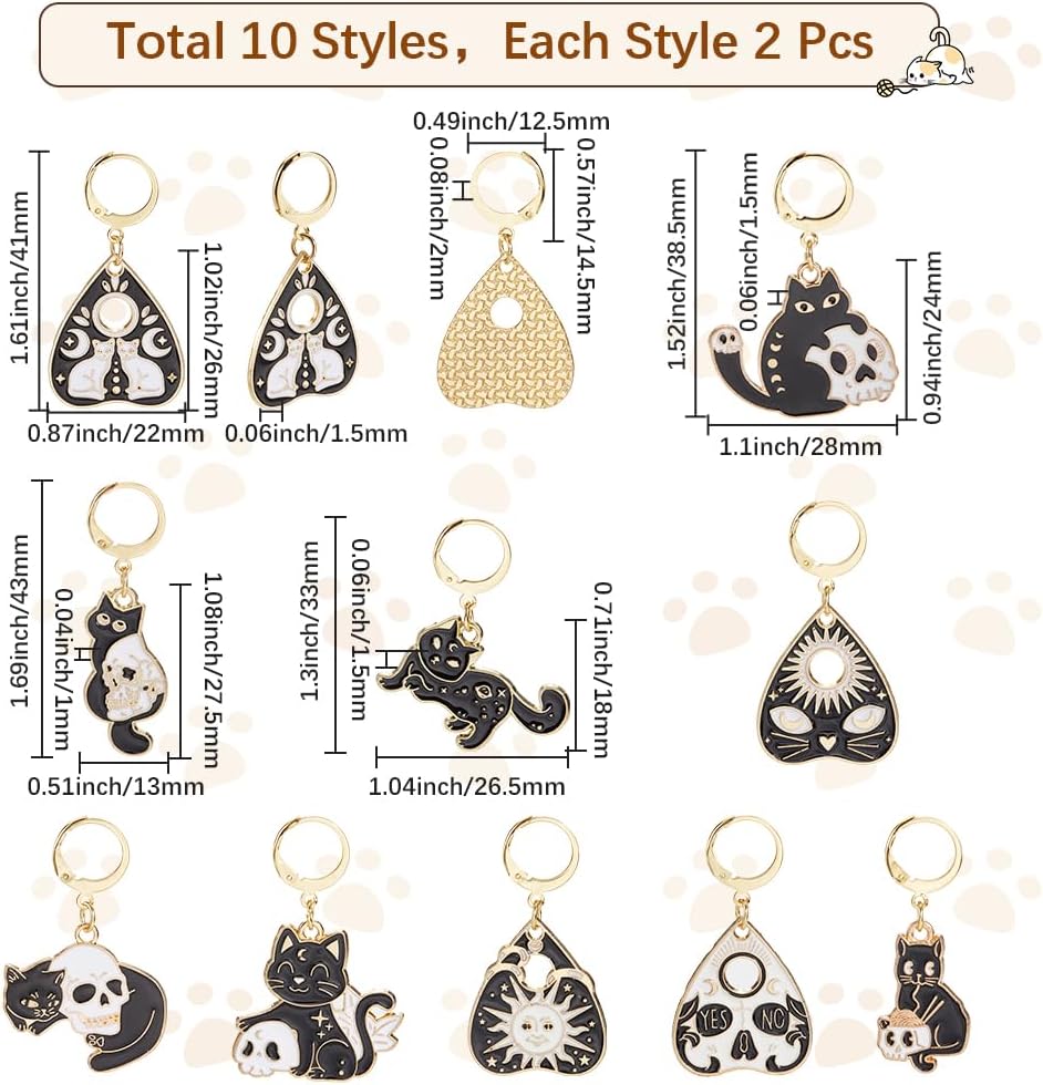 SUNNYCLUE 1 Box 20Pcs 10 Styles Cat Knitting Marker Halloween Stitch Markers Metal Alloy Enamel Black Skull Heart Divination Card Leverback Crochet Charms for Weaving Quilting Jewelry DIY Crafting
