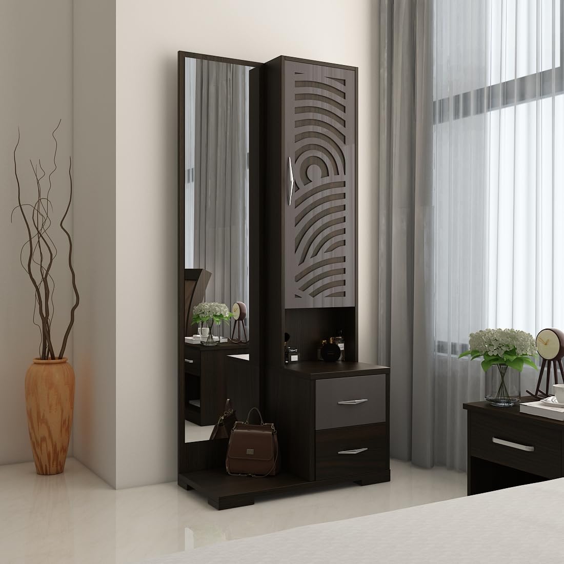 Spacewood Dressing Table | Ripples | 3 Year Warranty | 5 Shelves & 2 Drawer, Vanity Table for Bedroom, Living Room, and Home| Engineered Wood | HG Basalt Grey