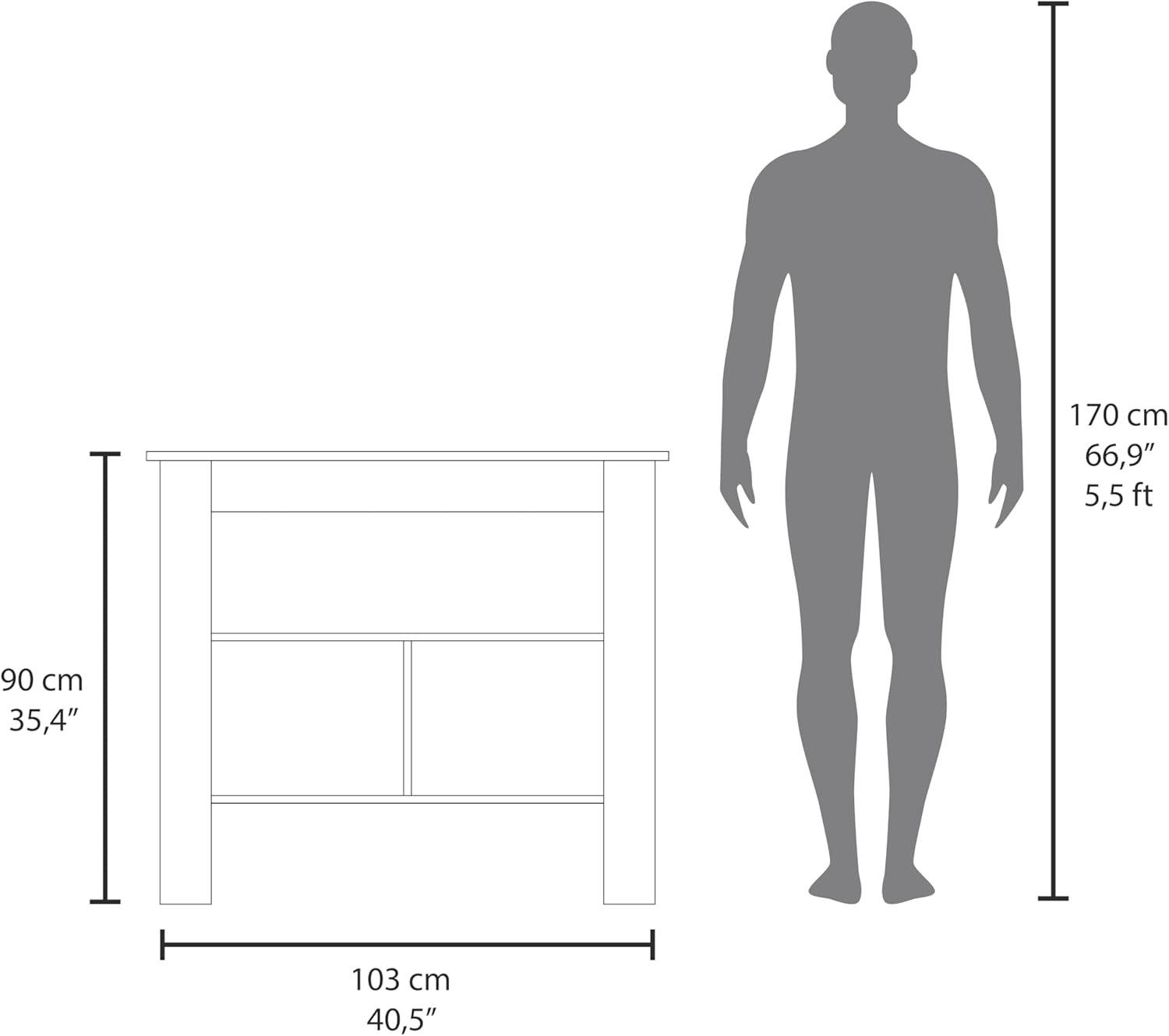 Kitchen Island in Melamine with Open Storage, Mahogany/White