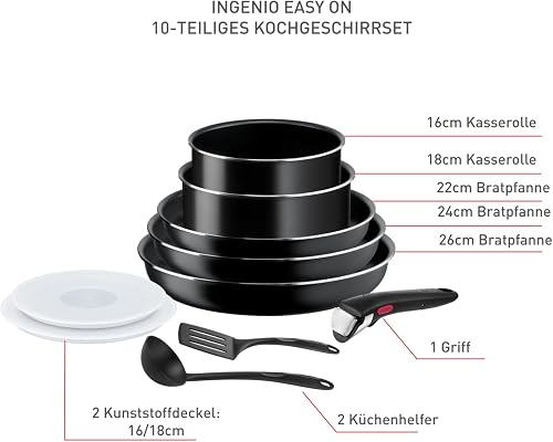 Tefal Ingenio L1599902 10-Piece Cookware Set, Frying Pans, Pans and Lids, Handle, Non-Induction, Non-Stick Coating, Stackable, Dishwasher Safe, Made in France, Easy On - 2
