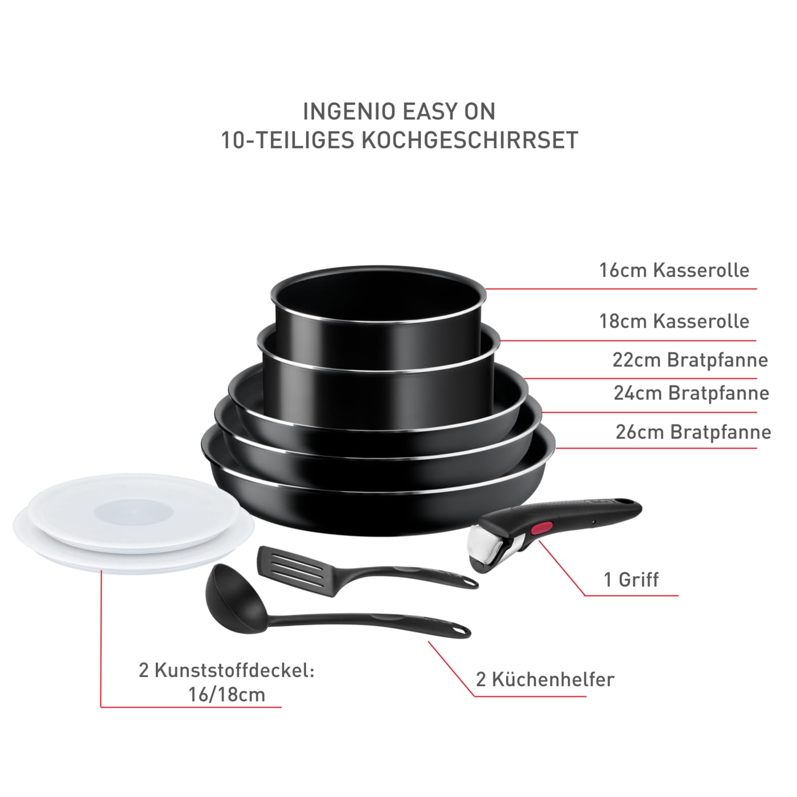 Tefal Ingenio Easy On 10-teiliges Topf und Pfannenset abnehmbarer Griff, stapelbar, platzsparend, Töpfe und Pfannen mit Antihaftversiegelung, einfache Handhabung und Reinigung, L15999, Ohne Induktion