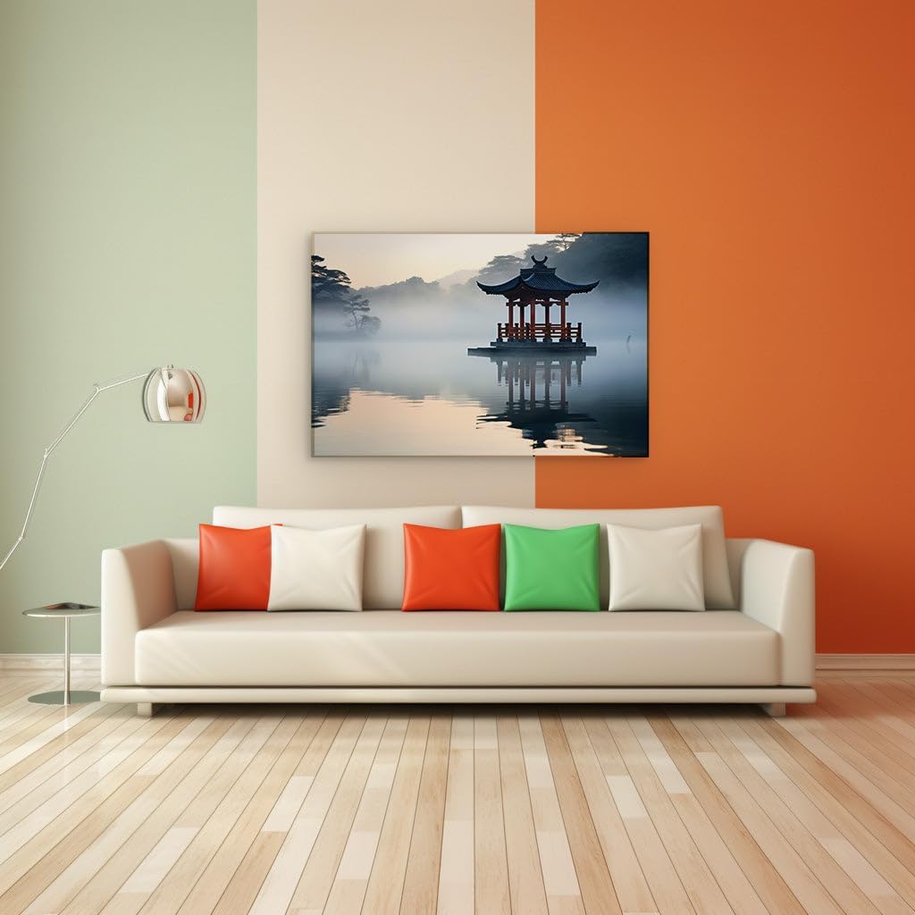 Canvas for Living room. Whispers of Dawn at the Mist-Shrouded Pavilion, 27 x 18 inch Canvas Wall Art - Contemporary Masterpieces - Nature Home Decor