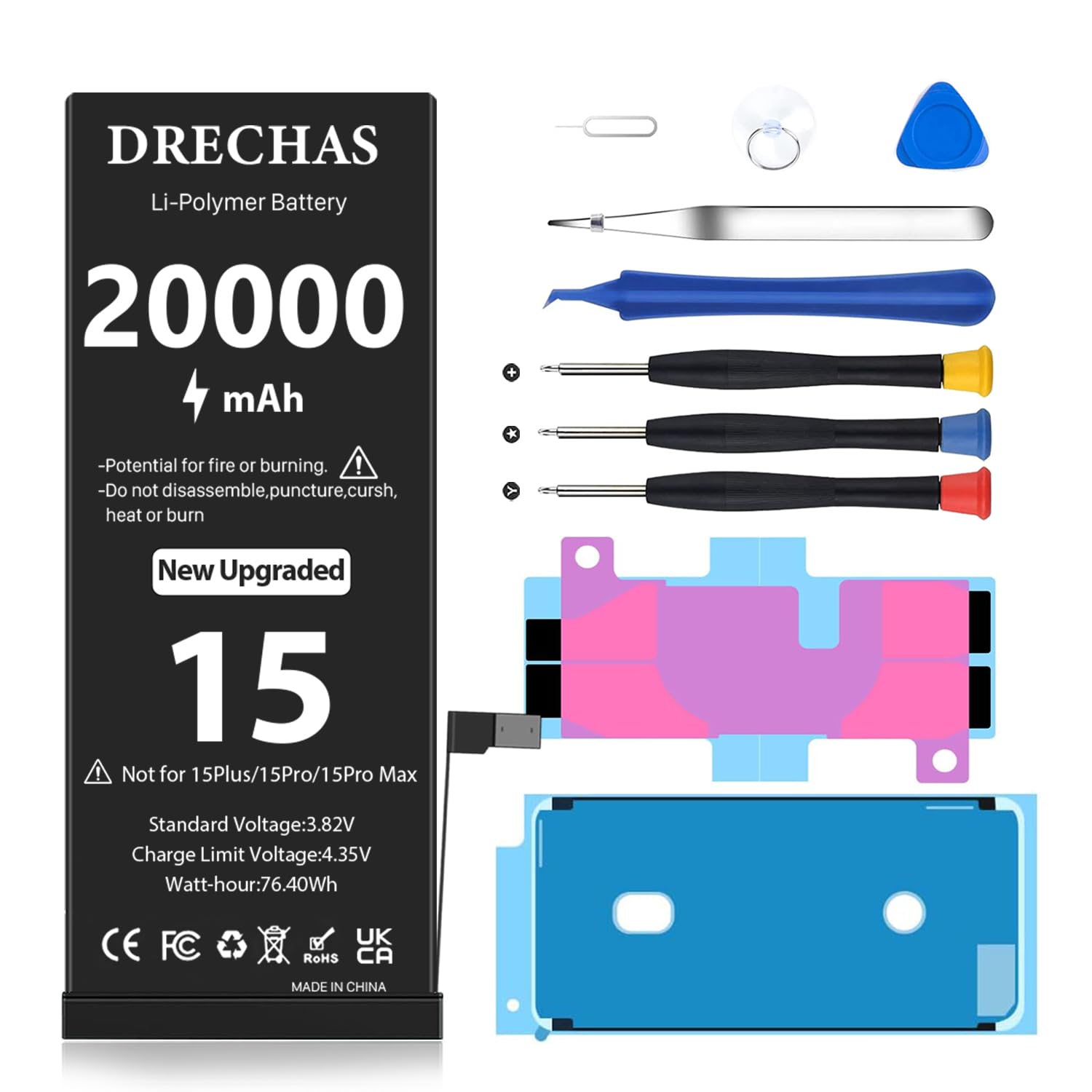 Photo 1 of [20000mAh]Battery for iPhone 15, 2026 New Upgraded High Capacity 0 Cycle Li-Polymer Replacement Battery for iPhone 15 Models A3212, A3408, A3410, A3409 with Complete Professional Repair Tool Kit