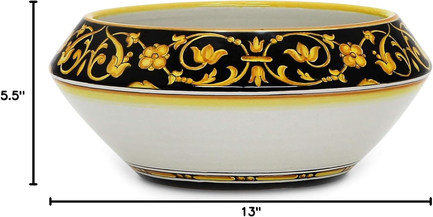 Fruit Bowl Centerpiece Black & Gold Design [3504/35K-VCD] - Authentic hand painted in Italy. Original design. Shipped from the USA with Certificate of Authenticity.