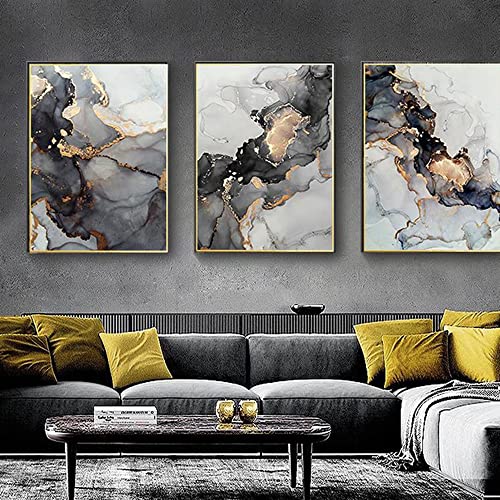 JSFN Schwarz und Gold Marmor Wanddekoration abstrakte Leinwand Malerei Wohnzimmer Dekoration Kunst Wandbild Wandkunst Home Decor (Rahmenlos) (A,50×70cm×3) Cover