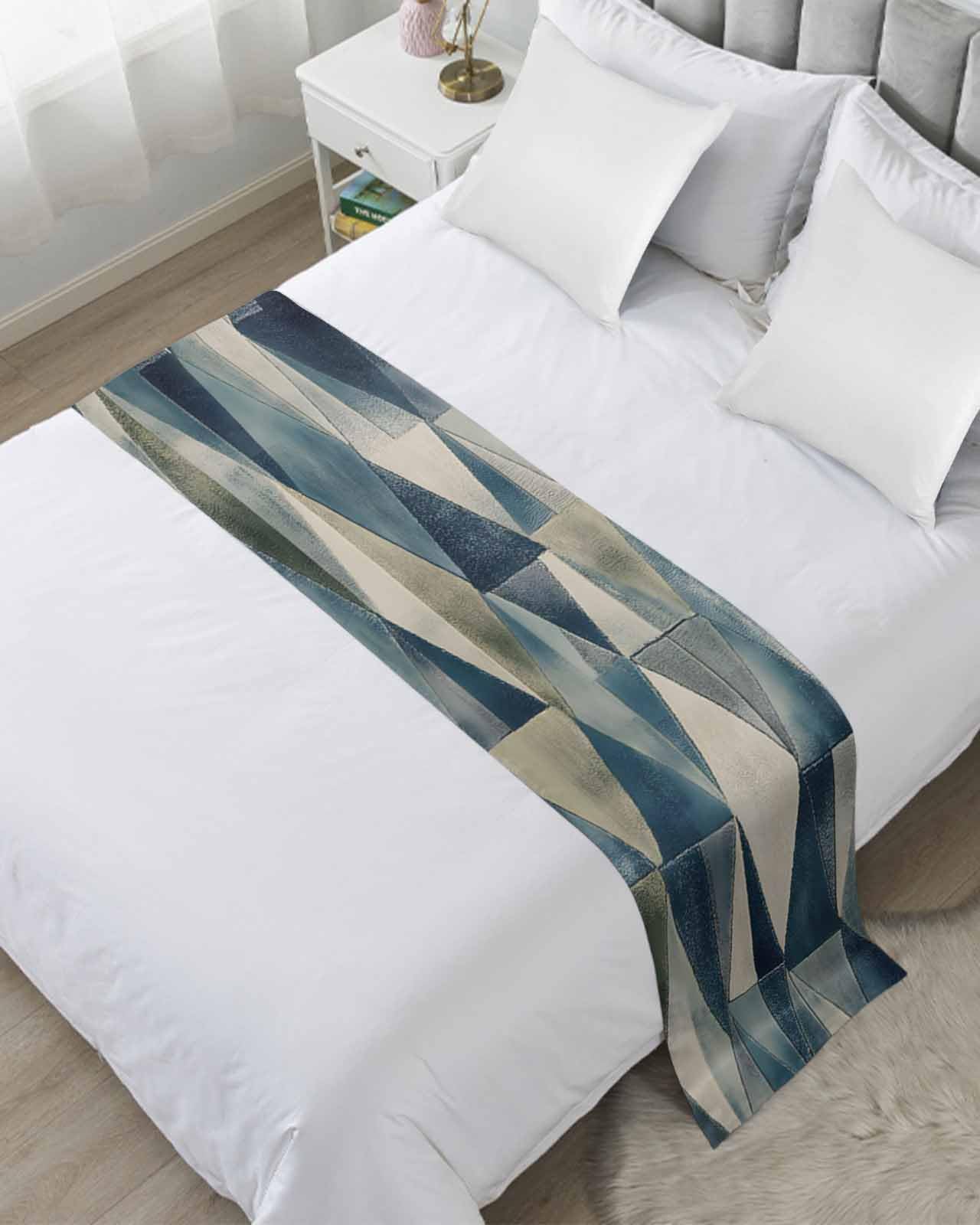 Blue Geometric Bed Runner for Cal. King Size, Rhombus Modern Abstract Art Bedspread Protector Slipcover Bed Scarf for Foot Runners & Scarves for Bedroom Hotel Wedding Room 94x20 Inches