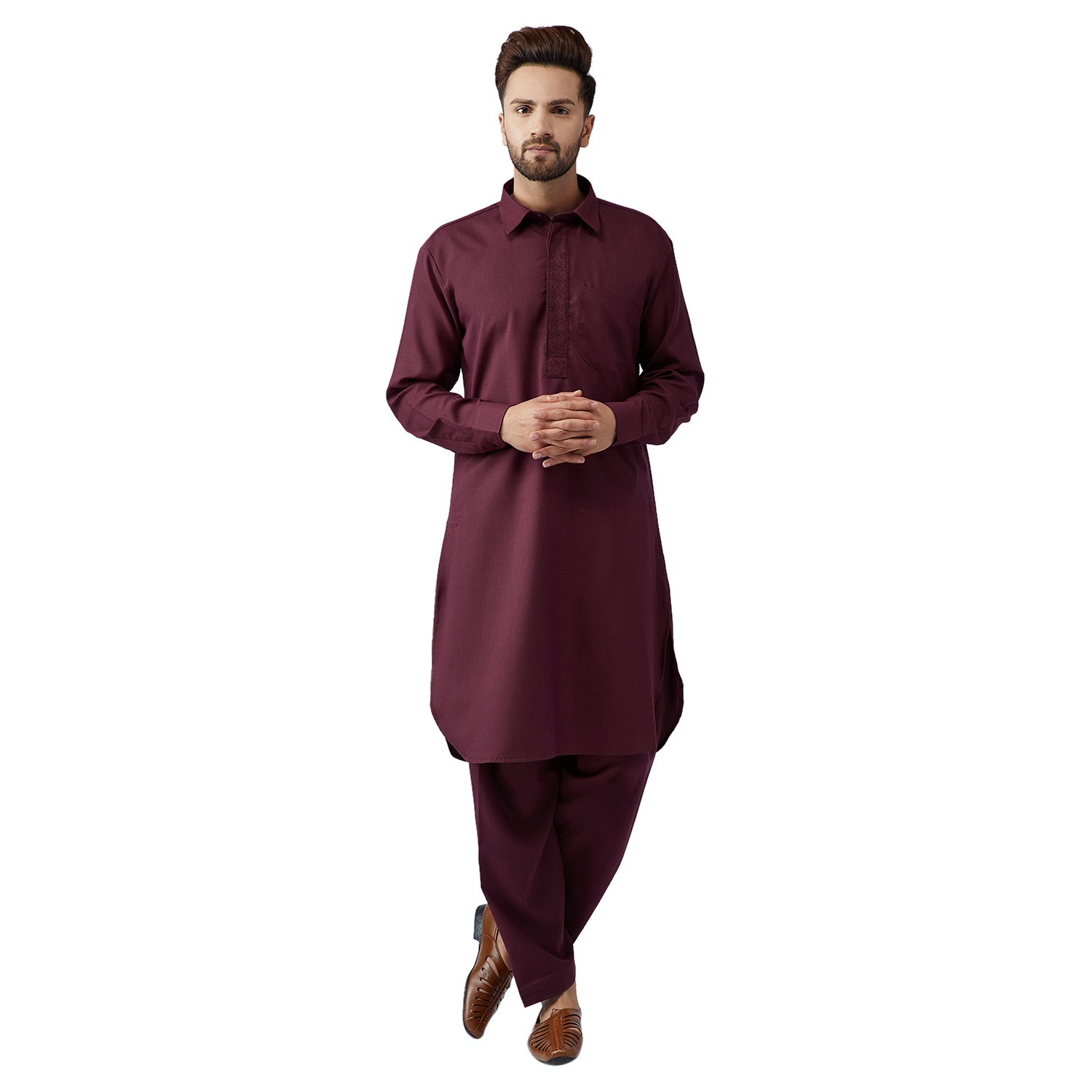 (Since 1958 Men's Maroon Cotton Kurta Pathani Set Size L-image-1