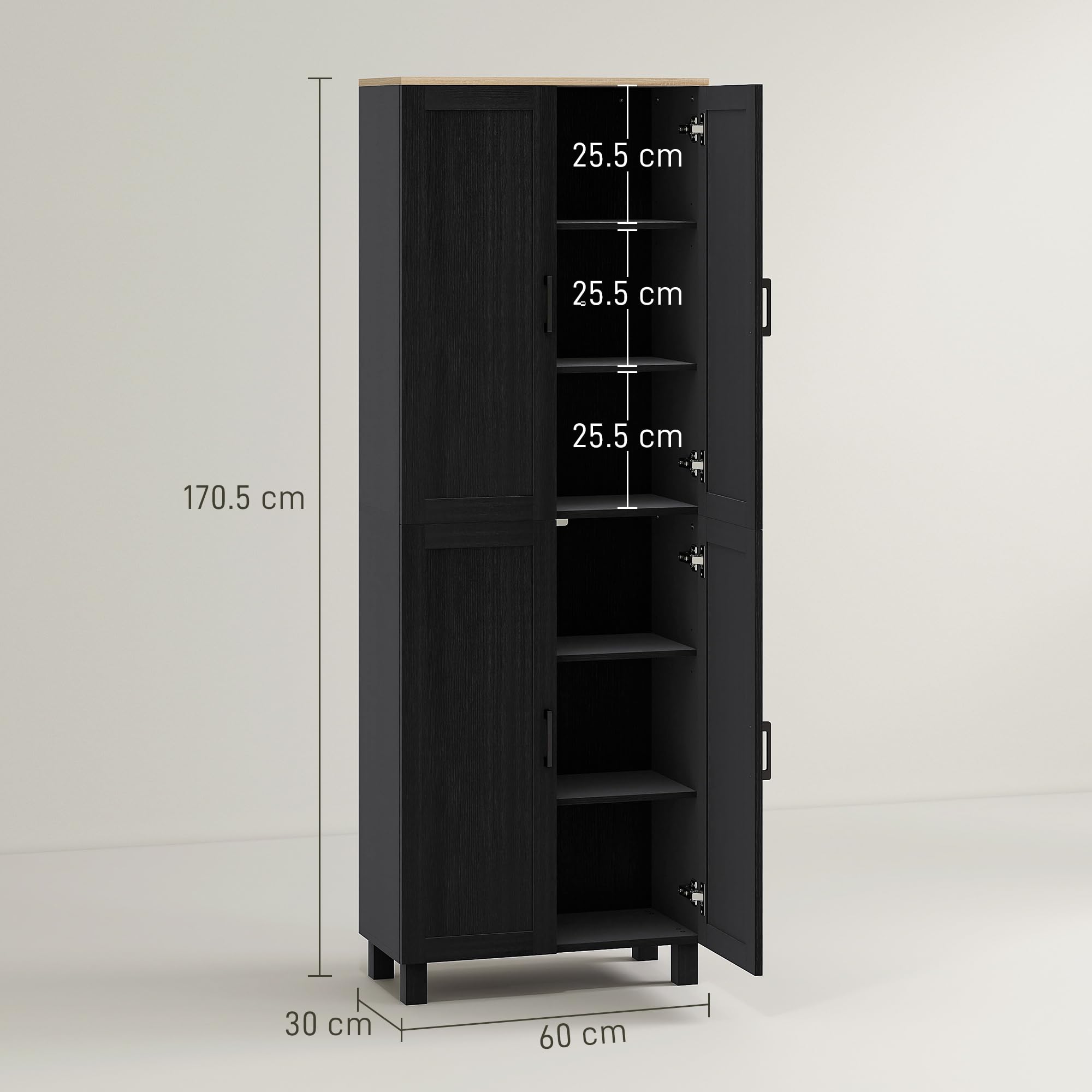 HOMCOM Credenza Cucina Alta, Mobile Dispensa con 4 Ante, 2 Armadietti, 5 Ripiani Regolabili, Mobile Cucina Moderno per Sala da Pranzo Soggiorno, 60x30x170.5 cm, Nero