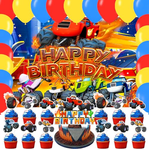 Blaze and The Monster Birthday Photography Backdrop 5x3ft Photo Background Monster Car Happy Birthday Cake Toppers for Cartoon Party Supplies Decorations(5x3ft)