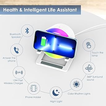 Qoosea 15W Wireless Charger with Bluetooth Speaker and Night Light Induction Wireless Chargers with 5 RGB Light Modes Touch Dimmable Bedside Lamp Gifts for Women and Men