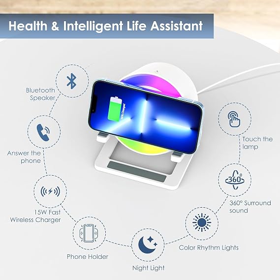 Qoosea 15W Wireless Charger with Bluetooth Speaker and Night Light Induction Wireless Chargers with 5 RGB Light Modes Touch Dimmable Bedside Lamp Gifts for Women and Men