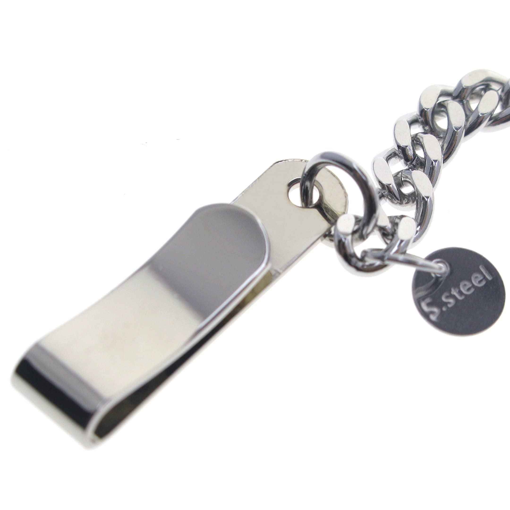 Cadena de reloj de bolsillo de acero inoxidable con cadena de eslabones de acero, clip de cinturón de acero y cierre de pulido de acero FCS90, Silver