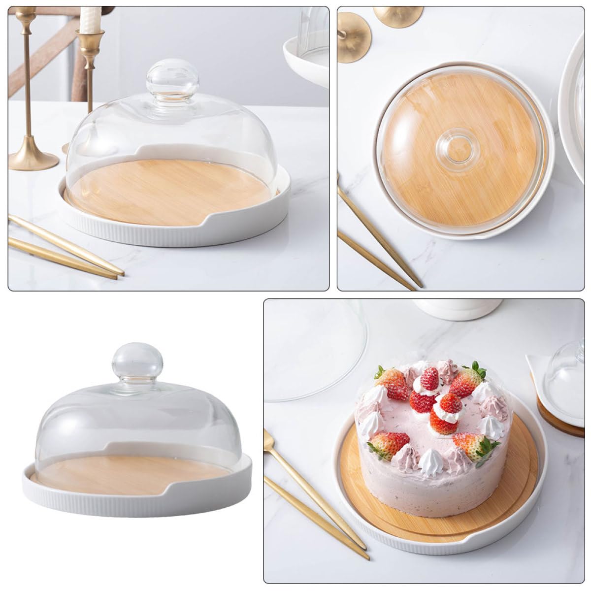 UKCOCO Bandeja para Tartas de Madera con Tapa de Cristal Transparente, Plato Giratorio para Postres, Soporte para Pastelería y Repostería en Hogar y Cocina