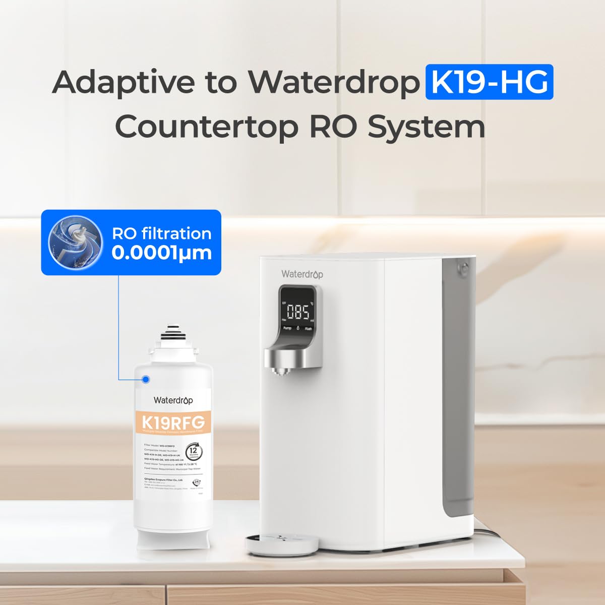 Waterdrop Filtro WD-K19RFG, ricambio per sistema RO da banco WD-K19-HG, 12 mesi di vita