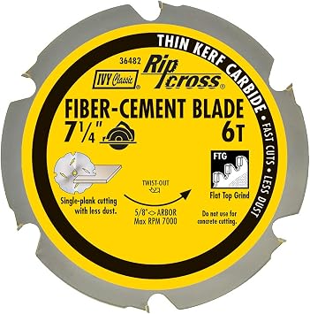 IVY Classic 36482 7-1/4" 6 Tooth Fiber-Cement Cutting Carbide Circular Saw Blade with 5/8" Diamond Knockout Arbor, 1/Card