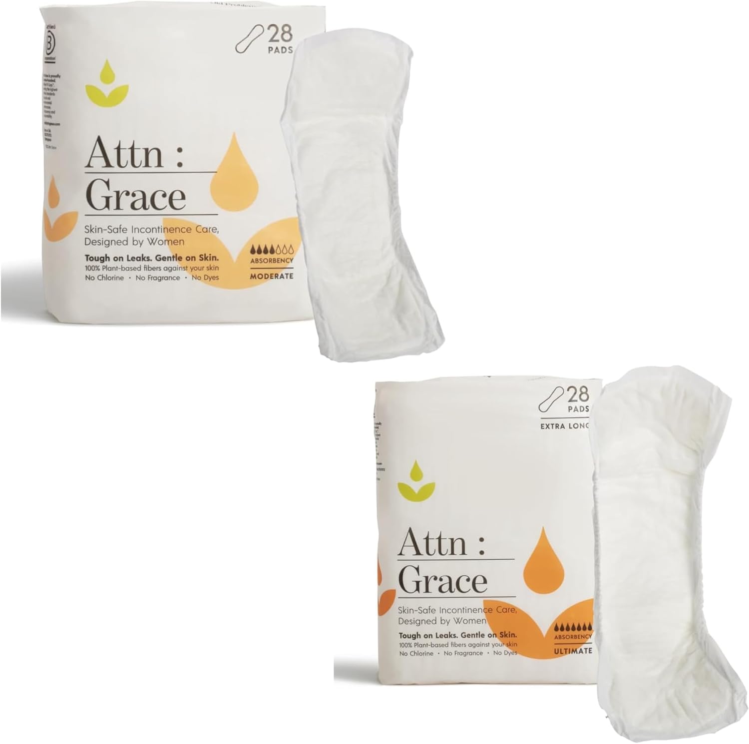 Attn: Grace Moderate and Ultimate Incontinence Pads for Women (28 Pads in Each Pack) - High Absorbency Sensitive Skin Protection for Bladder Leakage or Postpartum/Discreet, Breathable, & Plant-Based