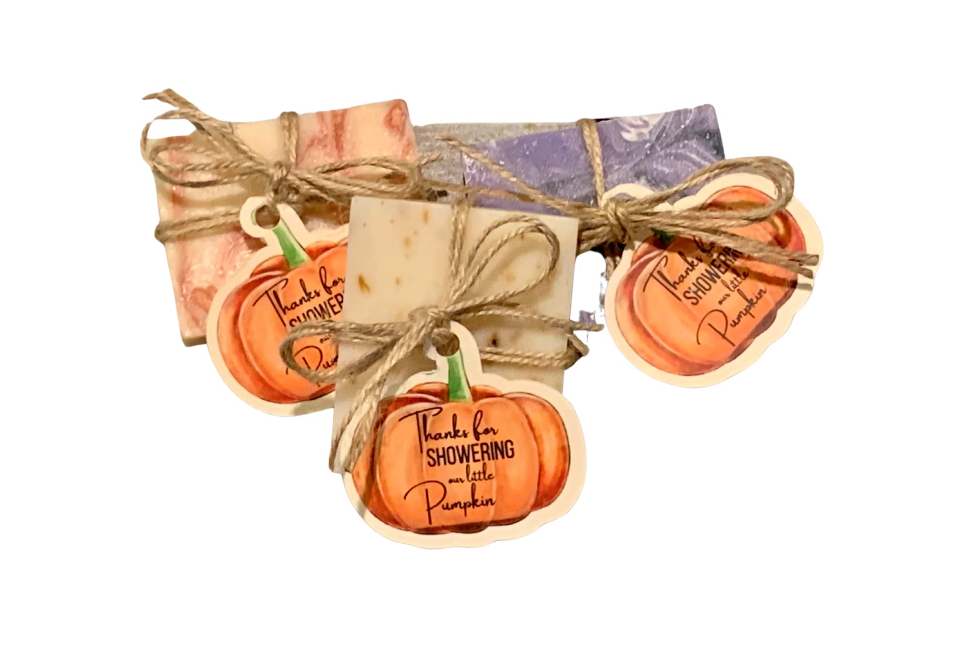 Pumpkin Themed Mini Soap Shower Favors with twine and custom tags 100 pack