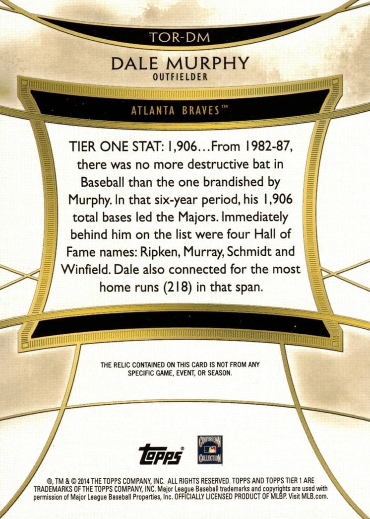 2014 Topps Tier One Relics #TOR-DM Dale Murphy Game Used Bat Baseball Card - Only 254 made!