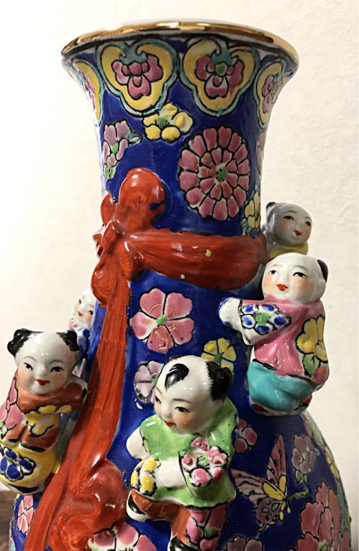 中国美術 多唐子 多彩草花蝶芭蕉扇紋 砂こうだい 花瓶 景徳鎮 Amazon.co.jp: 中国美術 多唐子 多彩草花蝶芭蕉扇紋 砂こうだい