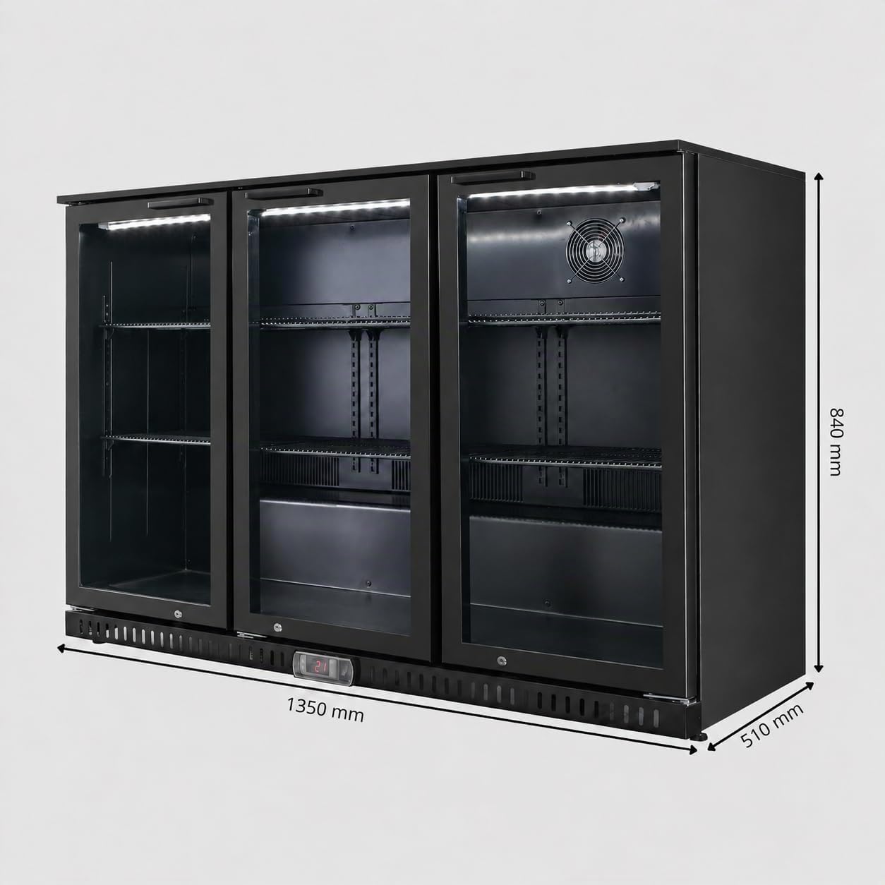 Générique Arrière Bar Réfrigéré 3 Portes Battantes Vitrées – 297 L – Froid Ventilé – Température +2 °C à +8 °C – Inox – 6 Grilles