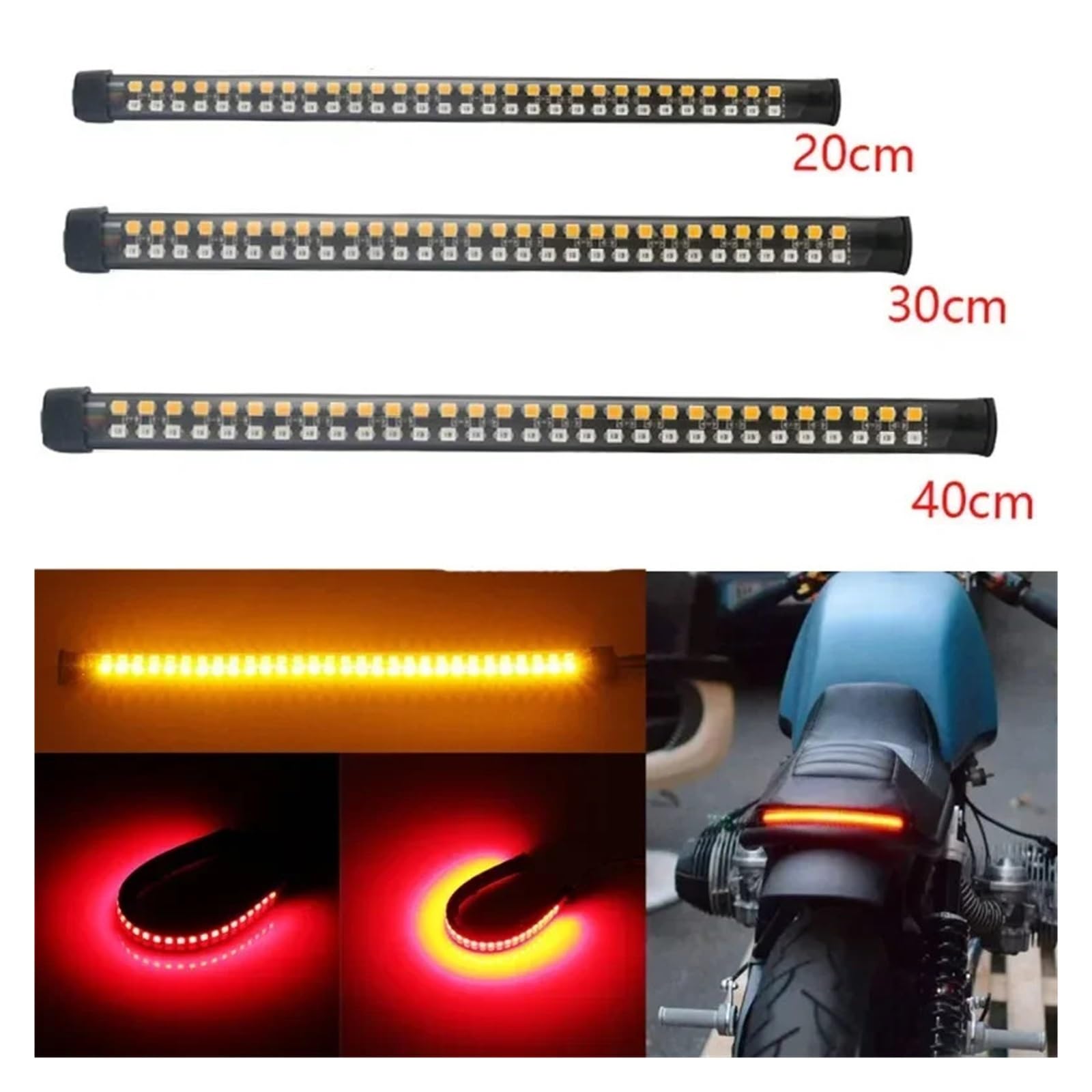Striscia Luminosa a LED Flessibile per Moto da 20 cm, 30 cm e 40 cm con indicatori di direzione Posteriori, luci di Stop e luci diurne.