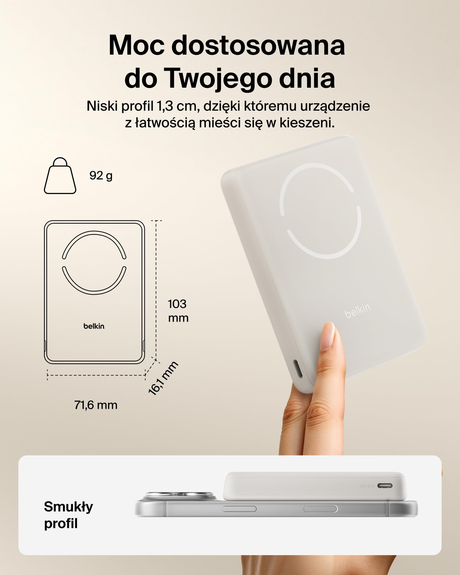 Belkin BoostCharge Magnetyczny Powerbank 10 000 mAh, Pierścień – Piaskowy | Powerbank Bezprzewodowy 10 000 mAh, Pierścień Magnetyczny do Akcesoriów, 2 Porty USB-C, Wstępnie Naładowany, Kabel w Zestawie