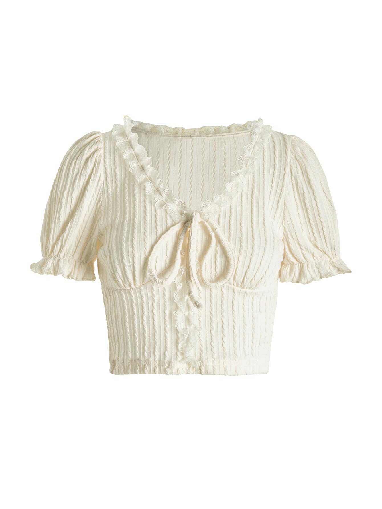 Verdusa Women's Knot Front Lace Trim Puff Sleeve V Neck Crop Tee Shirt Top