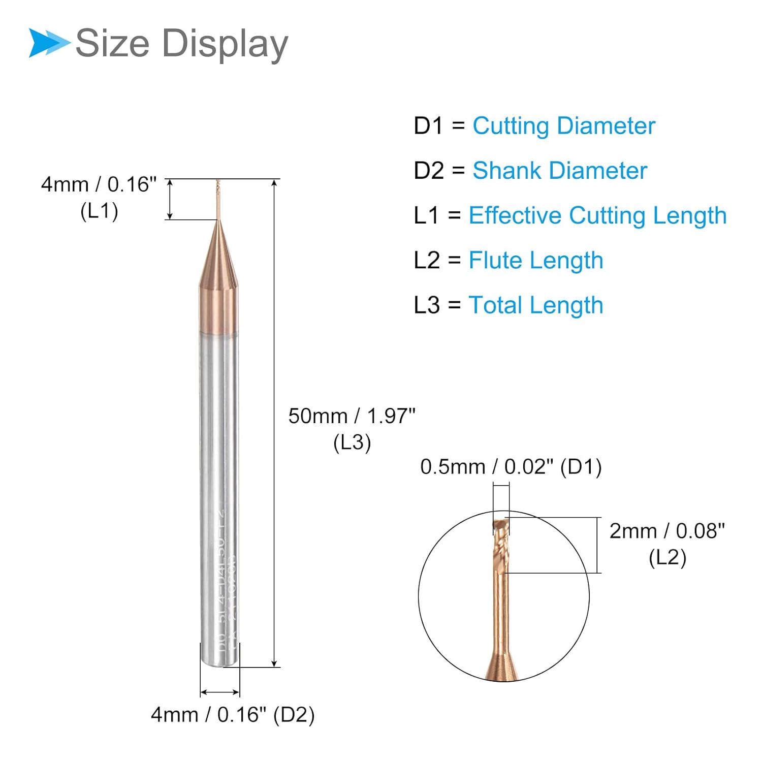 Square Nose End Mill, 0.5mm x 4mm Cutting, Long Reach Titanium (Nano-Scale) Coated Carbide 2 Flutes CNC Router Bits - (Applications: for Stainless Steel Cast Iron Metal)
