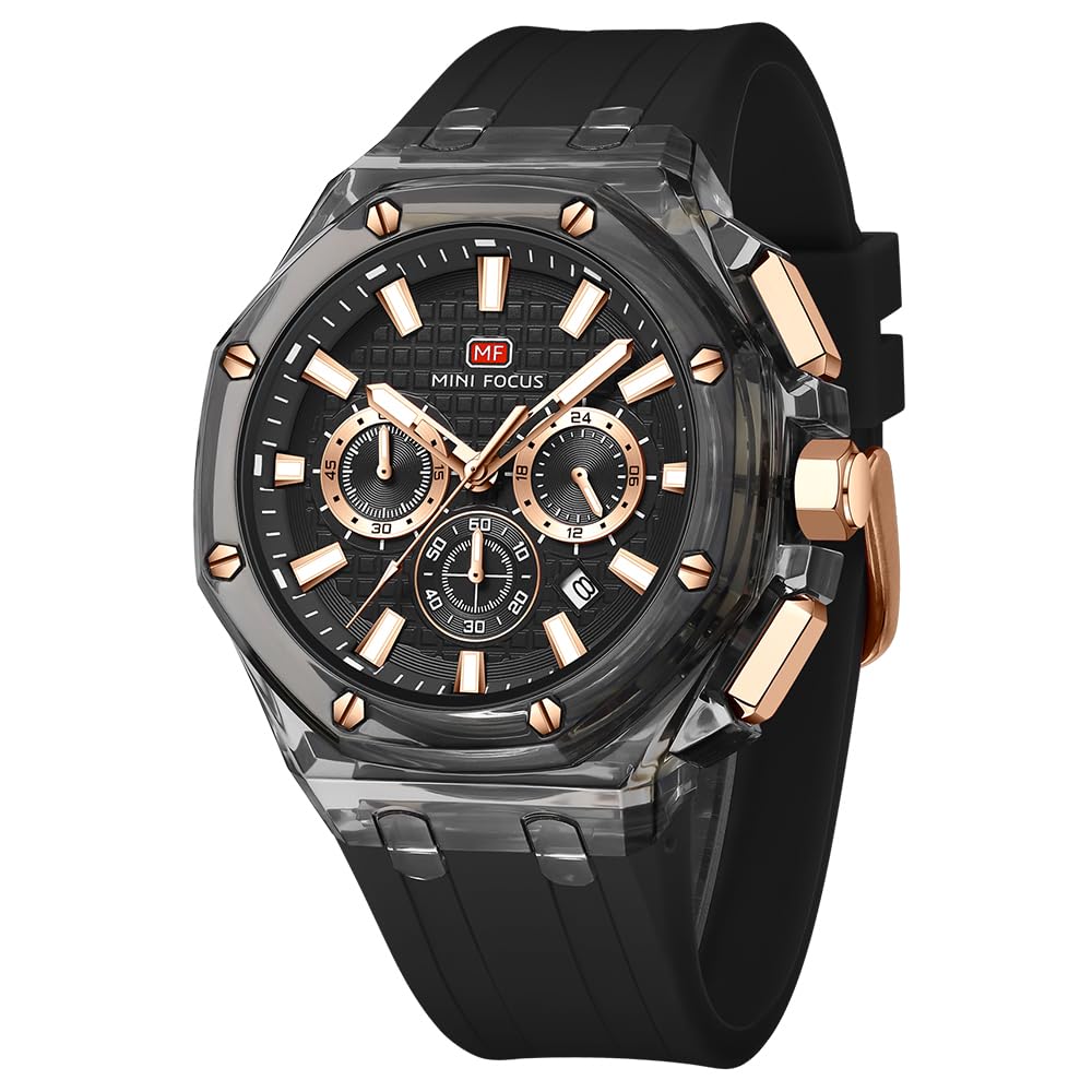 Mini Focus - Reloj de Pulsera para Hombre, multifunción, Transparente, analógico, Correa de Silicona, Calendario, Cuarzo, Resistente al Agua, para Hombre