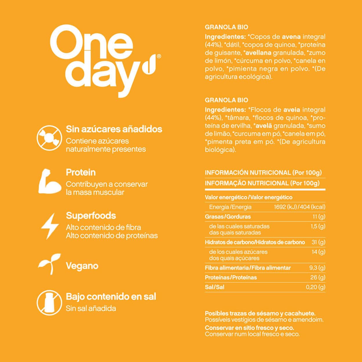 ONE DAY Granola Ecologica, Sin Azucares Añadidos, Alto en Proteína con Superfoods, Altro en Fibra, Pack 6 x 300g (Original, Pack 6 unidades) - 2