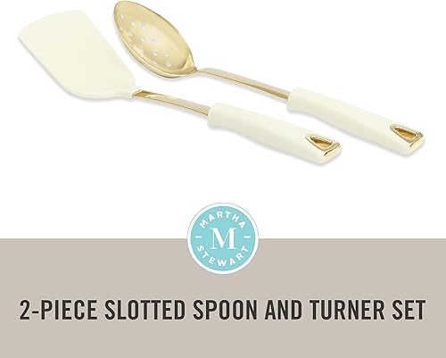 Miniatura 2 de Martha Stewart Lockton - Juego de 2 giradores de cocina de acero inoxidable y nailon y cuchara ranurada, lino con dorado