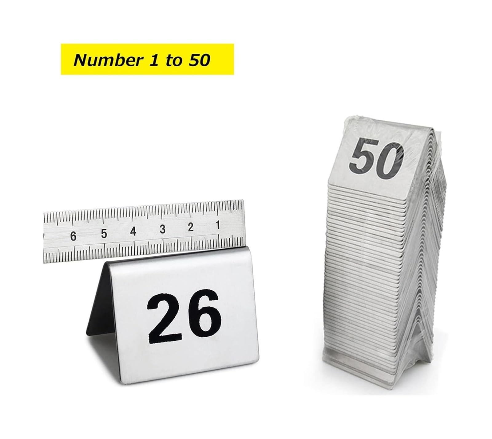 Numery stolików ze stali nierdzewnej, Karty dwustronne w stylu namiotu, opakowanie 50 lub 100 sztuk(1 to 50)