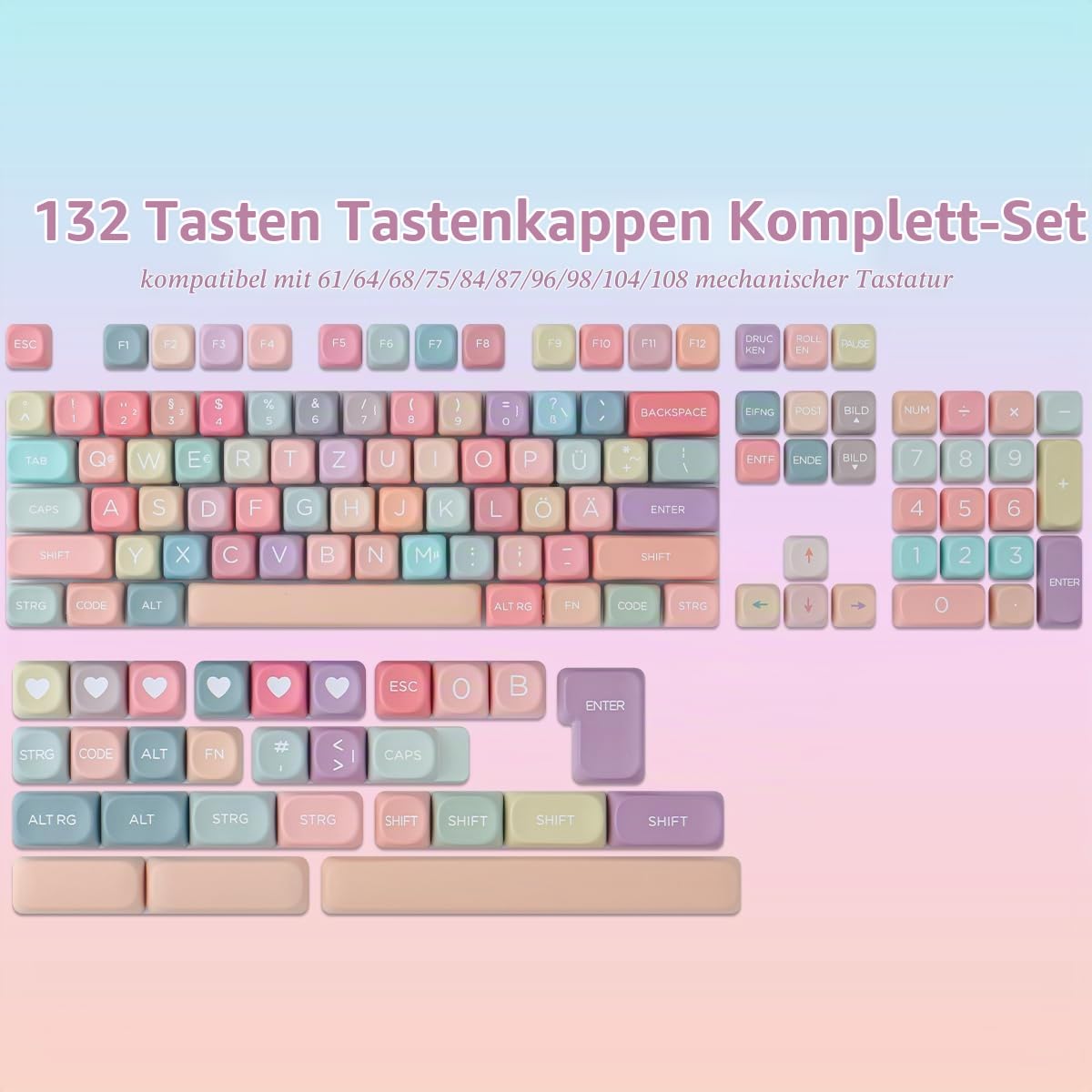 Sunzit Keycaps, 132 Tasten MOA Profil PBT ISO DE Keycaps Niedliches Regenbogen Bonbon Set mit individuellen Tastenkappen für Cherry MX-Schalter ISO DE Layout Mechanische Gaming Tastatur(DE Layout)