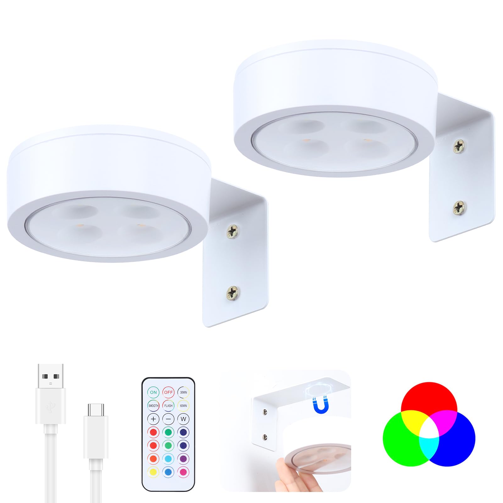 2 Pack Picture Lights for Wall, White Rechargeable Magnetic with Remote
