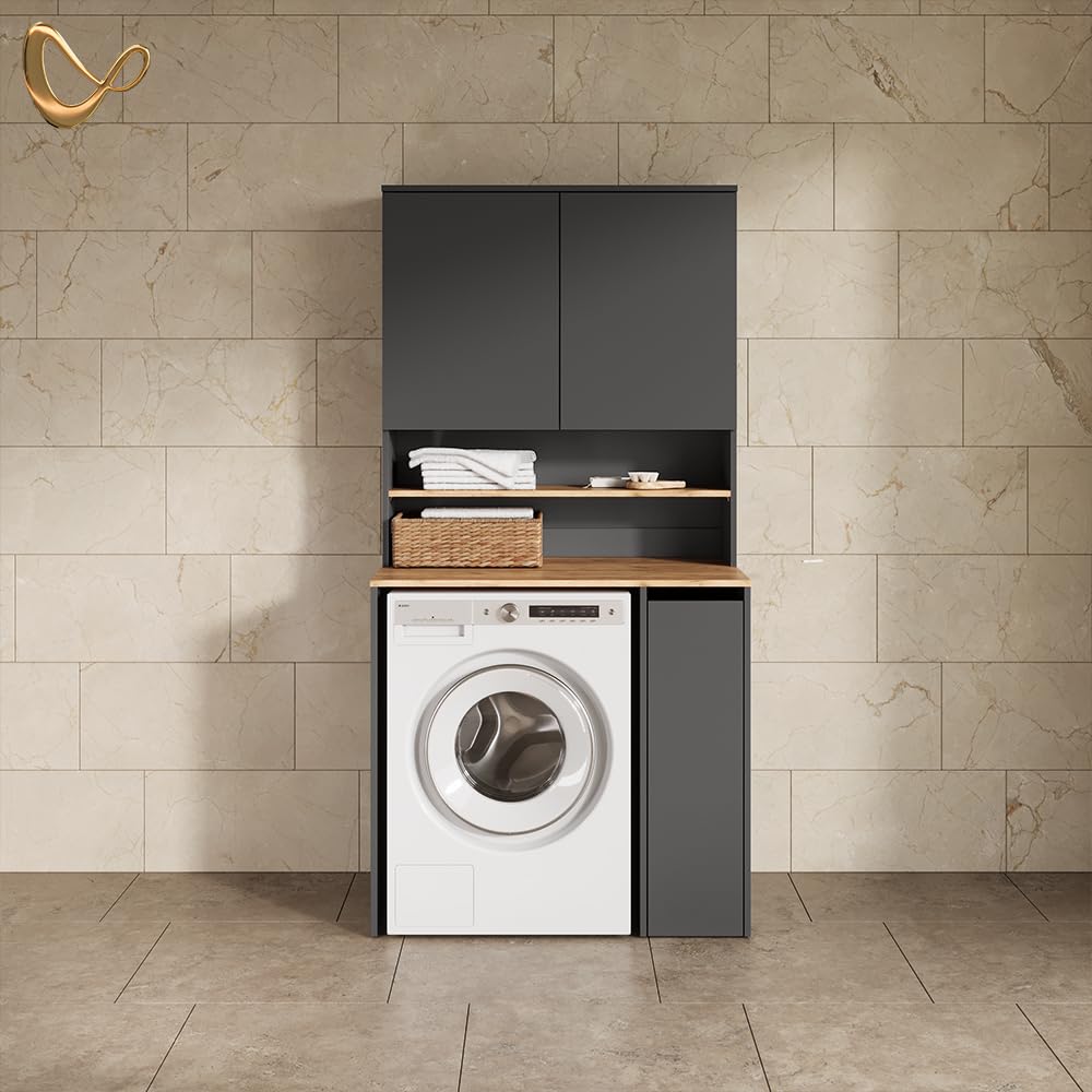 Livinity Mobile lavatrice Paolina, Antracite/Rovere dorato, 93.6 x 88.2 cm 2 parti con ripianoSpazio di stoccaggio aggiuntivo sopra l'elettrodomestico per detersivo e accessori