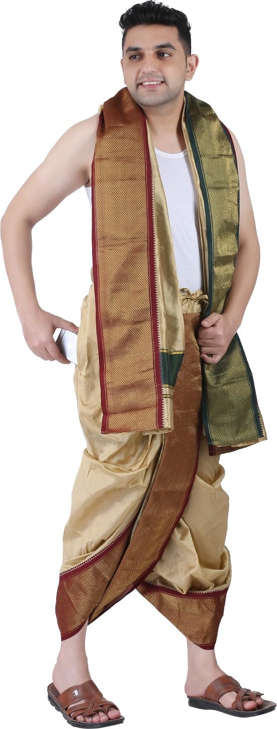 Mens Asha Silk Panchakacham Ready to wear dhoti towel set with pocket/Panchakacham dhoti with Angavastram (Stitched Dhoti with Pocket
