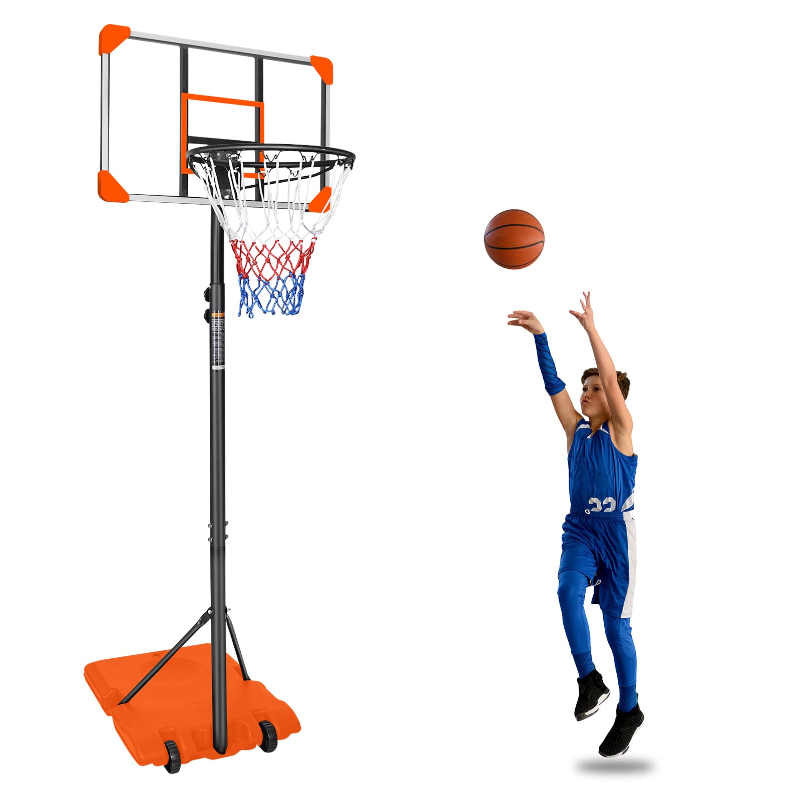 Portable Basketball Hoop Goals Outdoor System, 7Ft Adjustable Junior Basketball Stand Freestanding w/Stable Base & Wheels, Basketball Court for Indoor/Outdoor, After-School Entertainment (Orange)