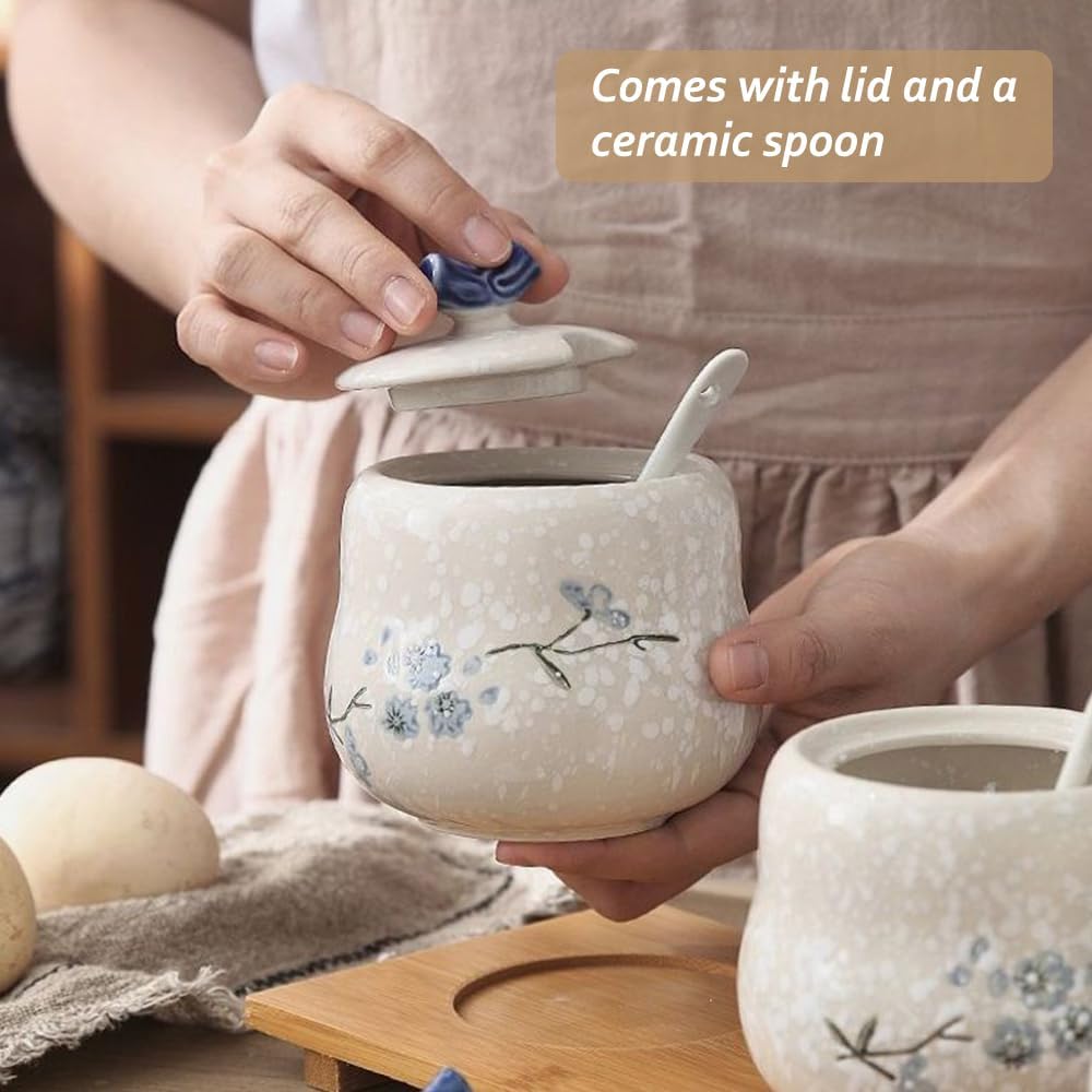 Ceramic Sugar Bowl with Lid and Spoon, 13.5oz Sugar Jar Sugar Container