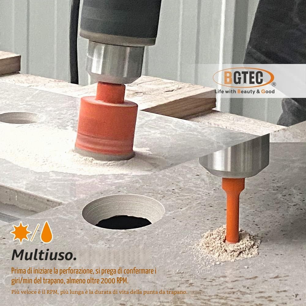 BGTEC Frese per Piastrelle - Punte Diamantate 6/6/8/20/25/28/35/45/50/65mm + punta smussatrice 50mm + punte trapano in carburo per Piastrelle, Ceramica, Marmo, Granito, Pietre Naturali(12 Pezzi)