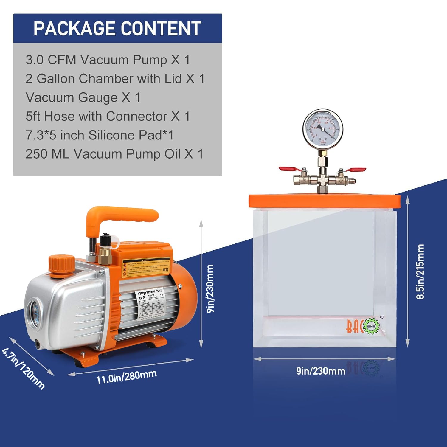 BACOENG 7,6L Vakuumkammer mit 3,0CFM Einstufige Vakuumpumpe Unterdruckpumpe mit Manometer HVAC