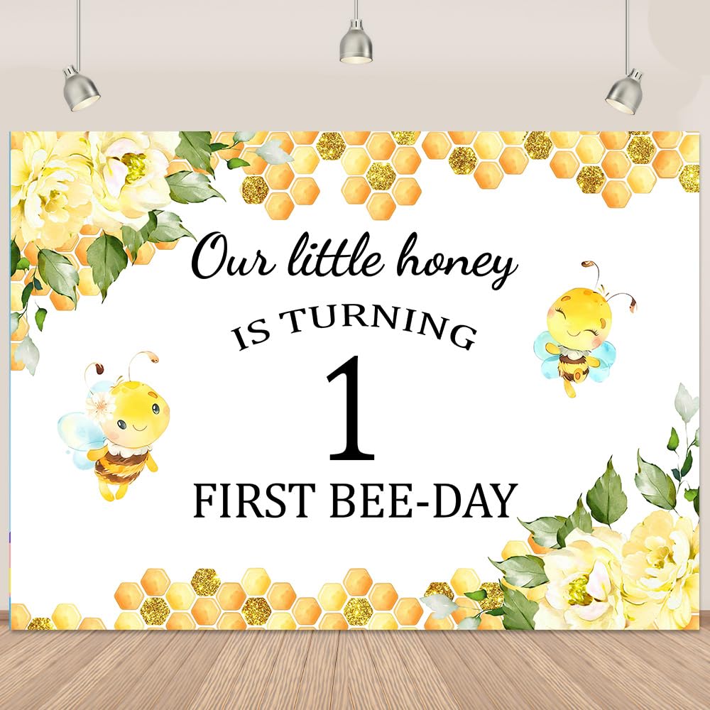 First Bee-Day Happy Birthday Backdrop Bee 1st Birthday Backdrop Our Little Honey is Turning One Honeycomb Backdrop Yellow Flower Little Bee Baby Shower Backdrop First Bee Day Decorations 7x5Ft