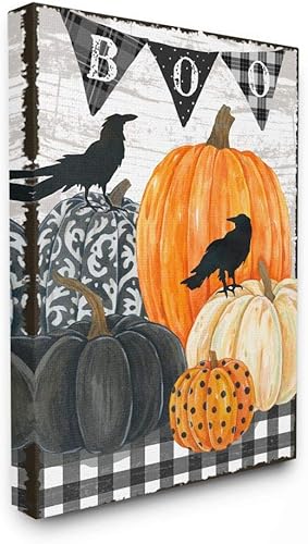 Stupell Industries Fantástica escena de Halloween, mesa de granja, cuervos de calabaza, diseñado por Andrea Tachiera, arte de pared, 16 x 20