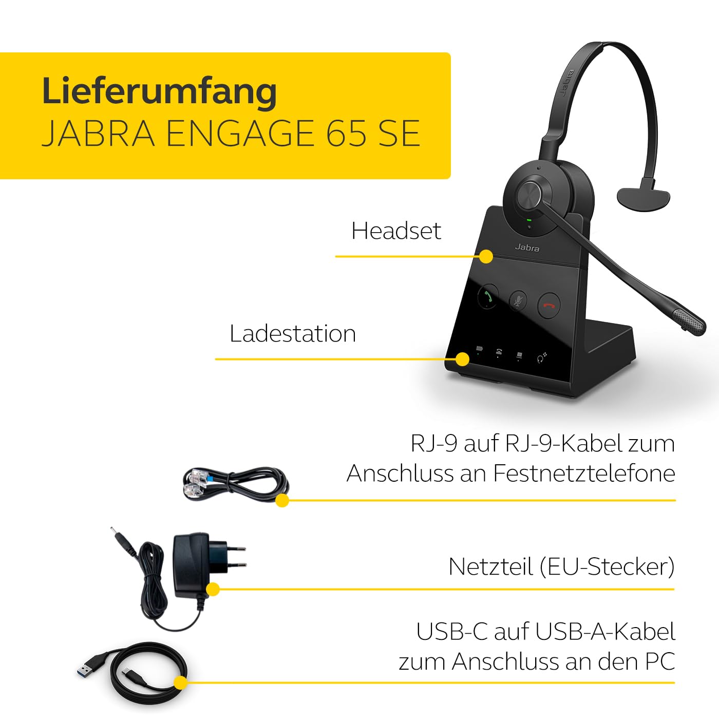 Jabra Engage 65 SE Mono Headset, Base, Power Supply, 1.5m USB-C to USB-A Cable, Desk Phone Cable, Quick Start Guide, Warranty and Warning (Safety leaflets)