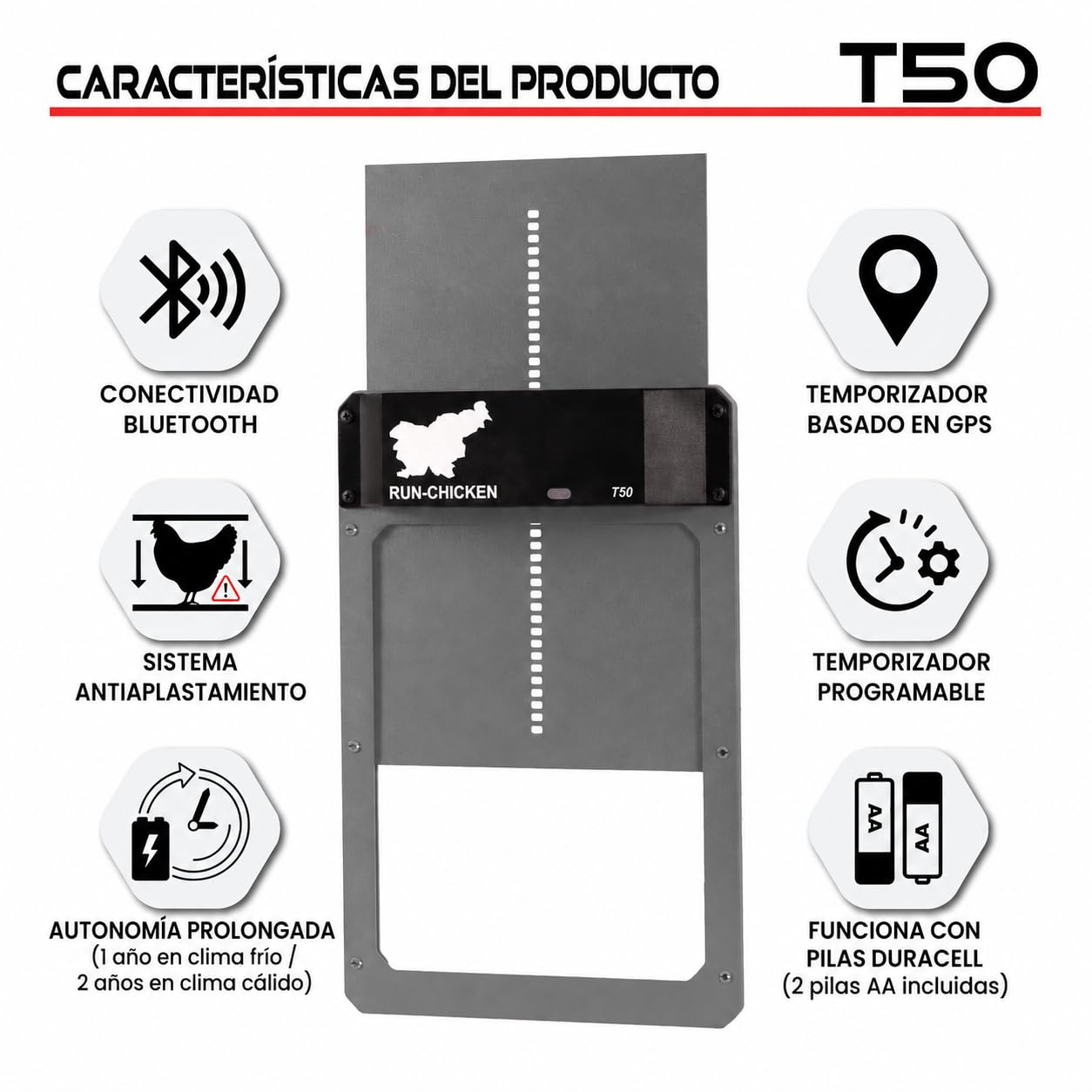 RUN‑CHICKEN Door T50 Gray – Puerta automática Gris para gallineros, Funciona con Pilas AA, Control por App, Sensor de luz, Temporizador con retardo y Aluminio Resistente para Exteriores